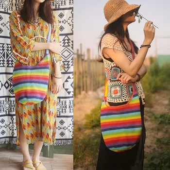 

Retro Rainbow Weave Shoulder Crossbody Bag Bohemian Messenger Bag Bolsas Feminina Sac Main Designer Brand Luxury Women Bag