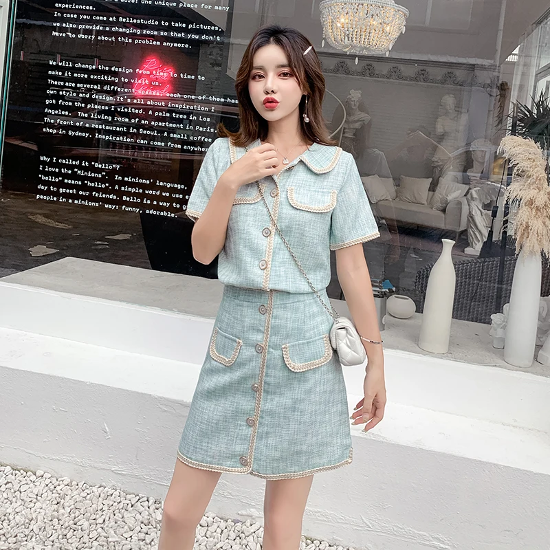 

Striped Two Piece Set 2019 Autumn Women Short Sleeve Single-Breasted Tweed Crop Top+Pocket Mini Skirts Suit