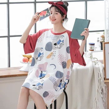 

2020 plus ladies cartoon sleepwear long sleeve cute nightdress negligee cotton nightgown women casual nightshirt home dress