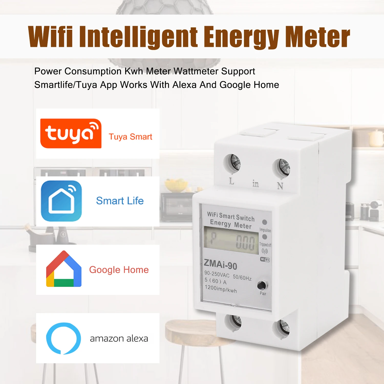 

WIFI Smart Energy Meter Single Phase Din Rail Type LCD Display Wattmeter Support Smartlife/Tuya App Works With Alexa Google Home