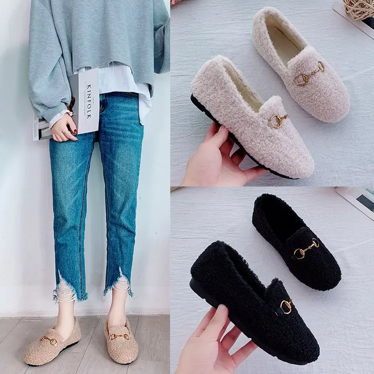 

2019 Winter New Style Moccosins Versatile Korean-style WOMEN'S Shoes Short Plush round-Toe Deep Mouth Foot Covering Flat Fashion