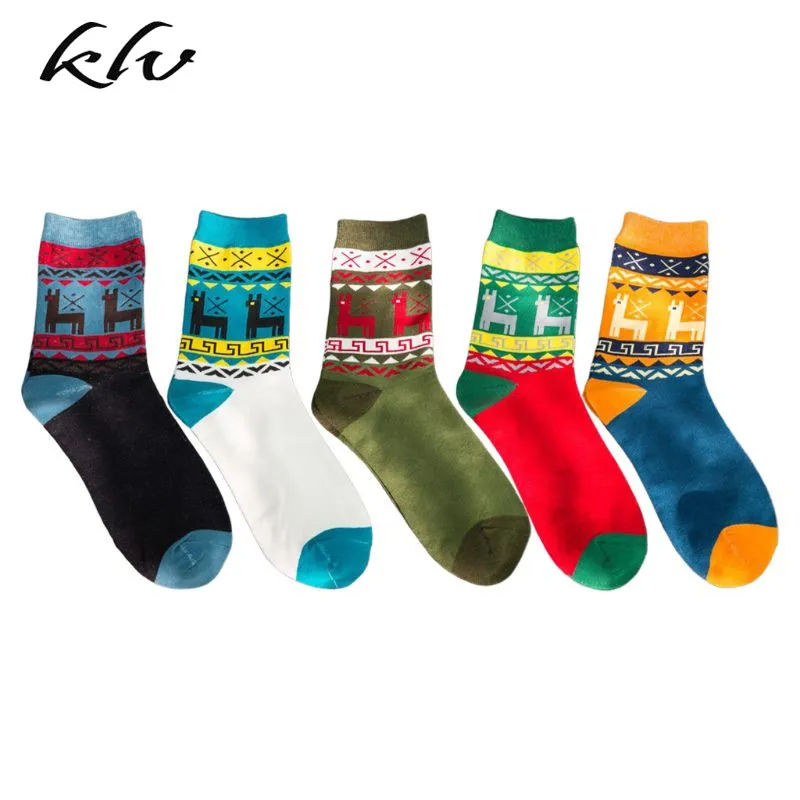 5 Pairs Mens Christmas Colorblock Cotton Crew Socks Cartoon Double Deer Hosiery