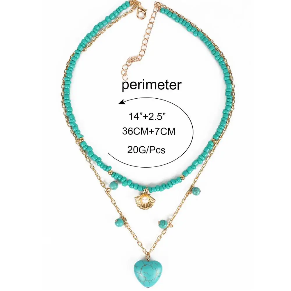 Wgoud Heart Pendant Necklace Bohemian Statement Fashion Two Layer Seed Bead Chains Natural Stone Necklace For Women Gift