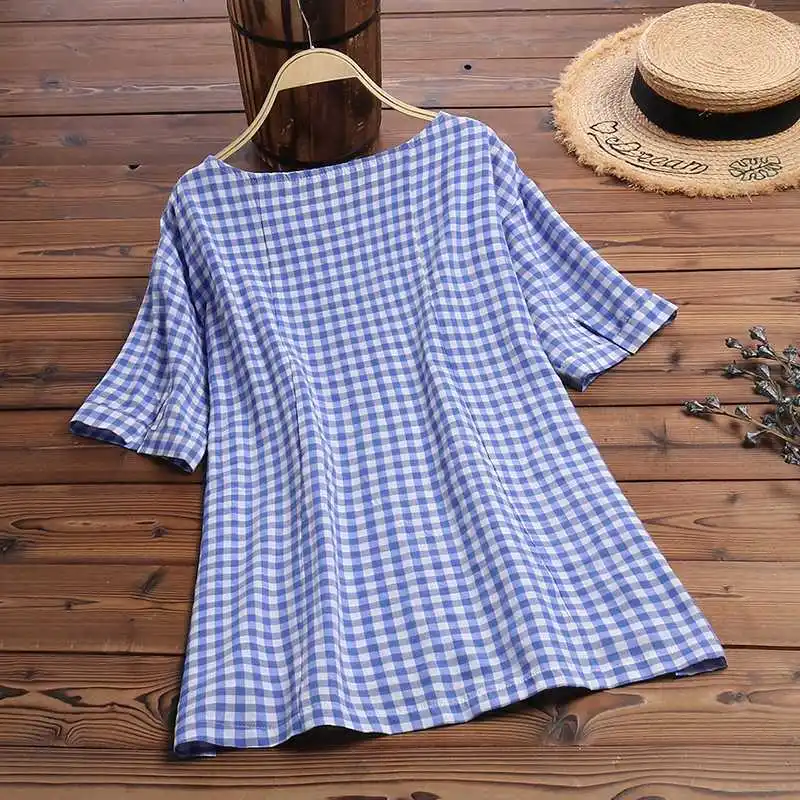 Для женщин блузка в клетку стильные летние топы ZANZEA Кнопка Blusas женский короткий рукав футболки женские повседневные Туника сорочка