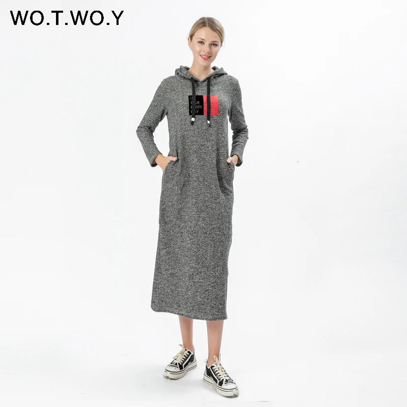 WOTWOY новое осенне-зимнее повседневное толстое платье с капюшоном до середины икры, прямое женское платье с карманами и тиснением, женская одежда с длинным рукавом
