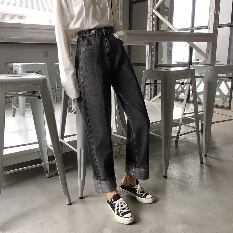 Простые Off-white капри джинсы с высокой талией свободные брюки регулятор прямые брюки женские повседневные брюки