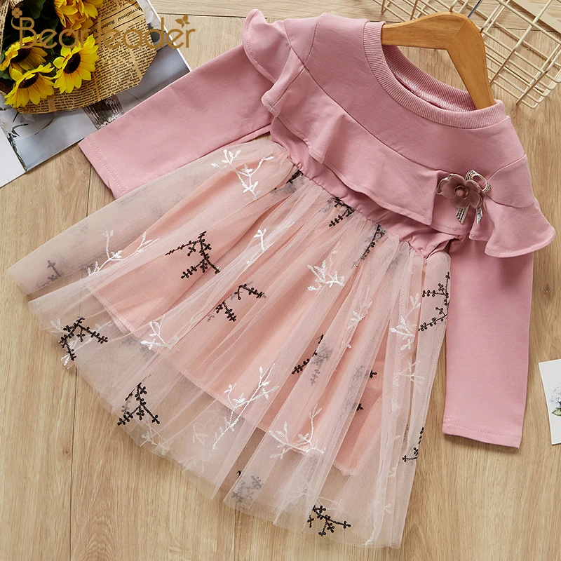 AX1127 pink Bear leader/платье для девочек новые весенние праздничные платья для девочек кружевное платье принцессы с цветочным рисунком трикотажная детская одежда на возраст от 2 до 6 лет - Цвет: AX1127 pink