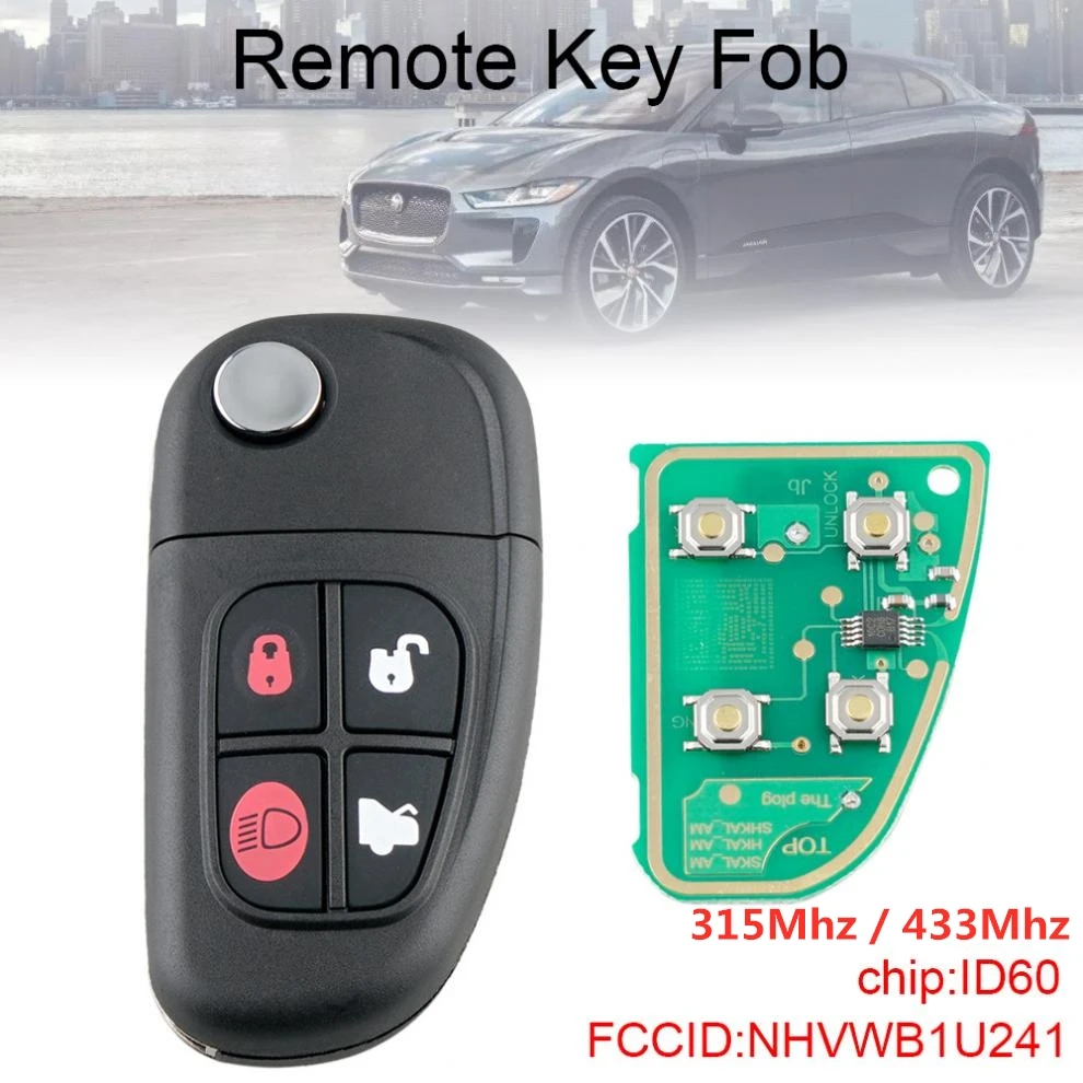 315/433 МГц 4 кнопки дистанционного ключа автомобиля с ID60 чип NHVWB1U241 подходит для Jaguar S Тип/X Тип/XJ8