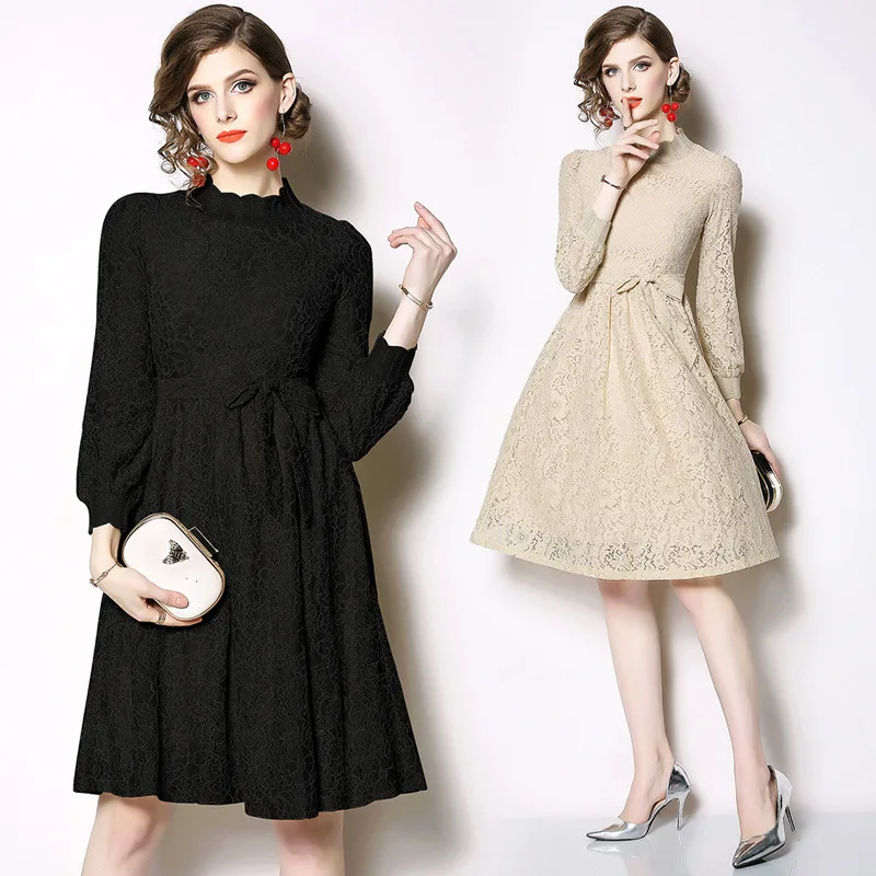 

Ozhouzhan 2019 Early Spring New Style WOMEN'S Dress Lace Long Sleeve Stand Collar Dress Debutante Elegant fu gu qun Slim Fit