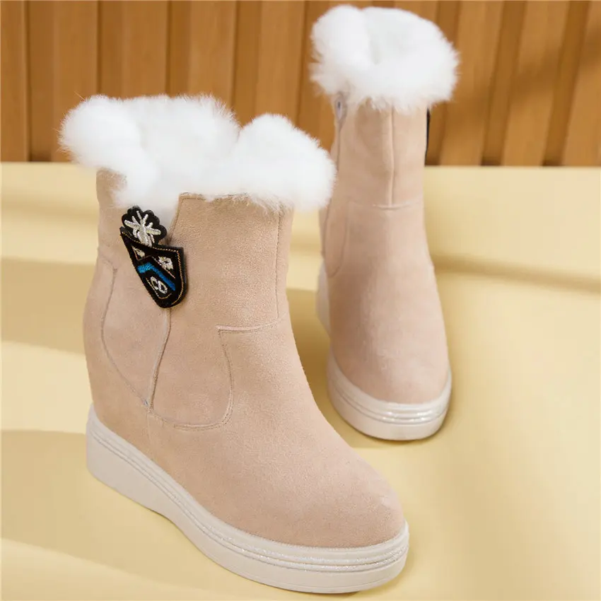 Punk Goth Trainers Women Cow Leather Wedges High Heel Snow Boots Rabbit Fur Platform Pumps High Top Winter Warm Fashion Sneakers