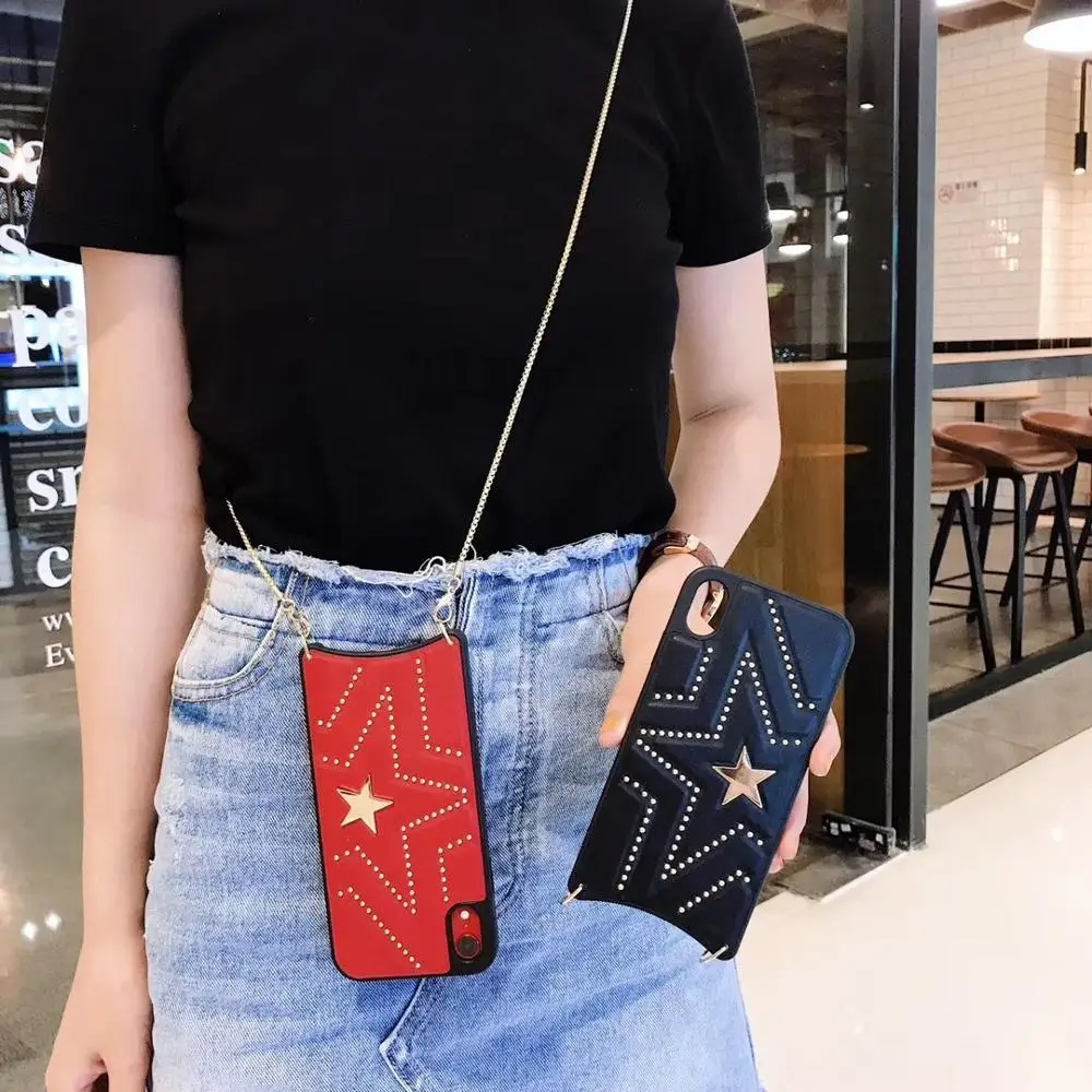 

Fashion New PU Leather Crossbody Phone Case Cover for Iphone XR XS MAX X 6S 8 7 plus with Strap long metal chain star back cover