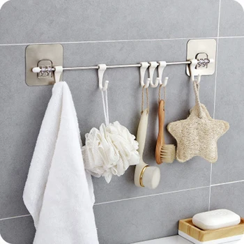 

Bathroom Stainless Steel Wall Towel Bathball Hanger Holder Glue Six Hook Shelf Kitchen Organizer Storage Rack Movable Hooks
