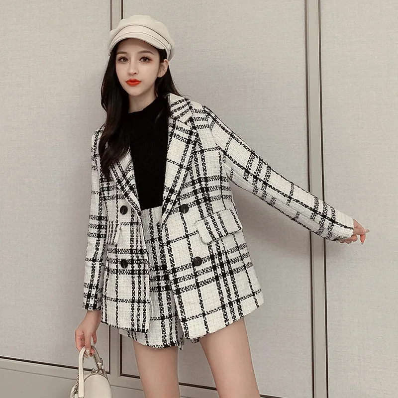 

2019 Autumn And Winter Western Style Debutante Graceful in Tweed Woolen Plaid Suit Jacket + Shorts Two-Piece Set Women's