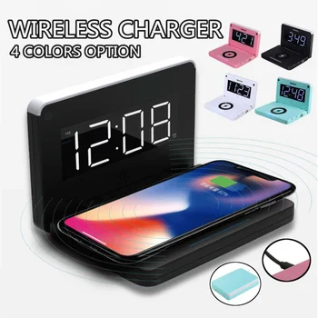

10W USB LED Digtal Display Alarm Clock Wireless Phone Charger Folding Desktop Clocks Charging Pad Stand Holder 5 Colors