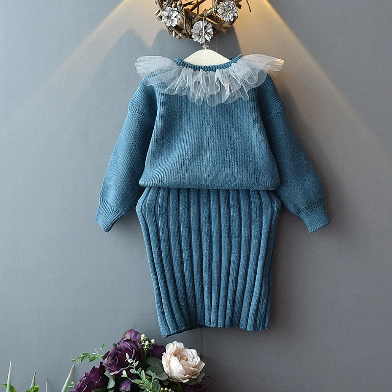 Одежда для маленьких девочек; свитер; вязаное платье-жилет; толстый теплый свитер из двух предметов; Детский свитер; вязаный жилет; костюм
