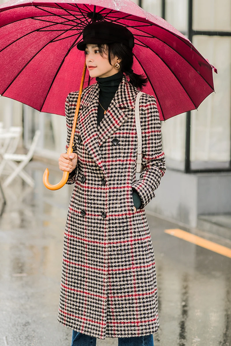 black red plaid Woollen Coats Autumn Winter Women's Tops OL Plaid Long Design Thin Waist Felt Coat Female Double Breasted Wool Coats All-match - Цвет: black red plaid