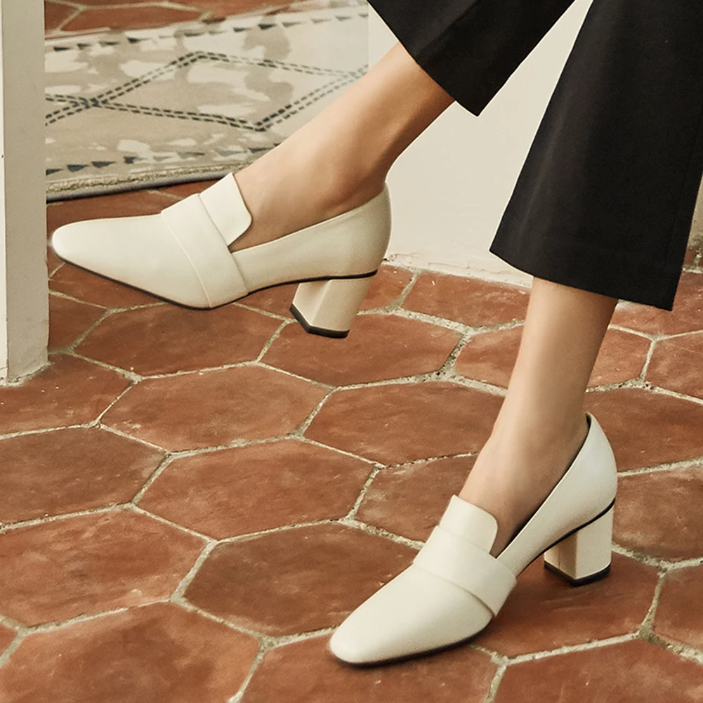 

SARAIRIS Elegant Solid Whole Genuine Leather Pumps Brand Square Toe Pumps Women Quality Office High Block Heels Shoes Woman