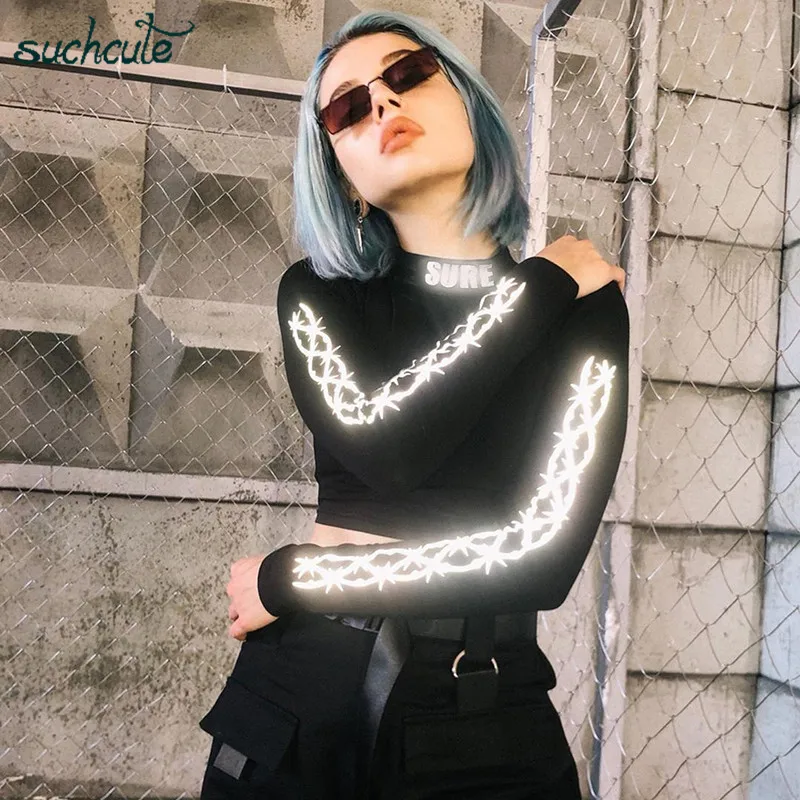 SUCHCUTE Светоотражающая женская футболка Modis Longslive Harajuku черная Готическая осень повседневные топы в Корейском стиле для женщин фестиваль