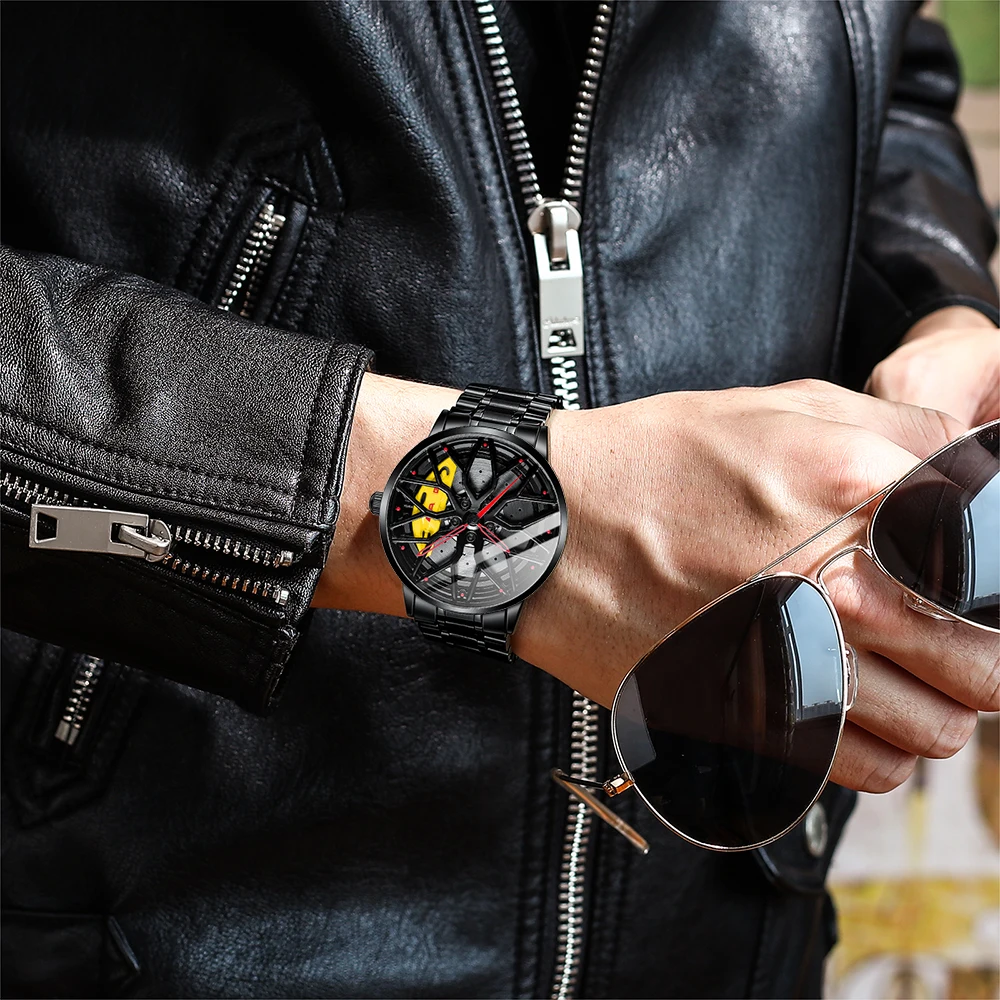 オリジナルホイールリムハブ腕時計男性スーパーカーリムハブ男性クォーツ時計ステンレススチール防水卸売時計ため車amg