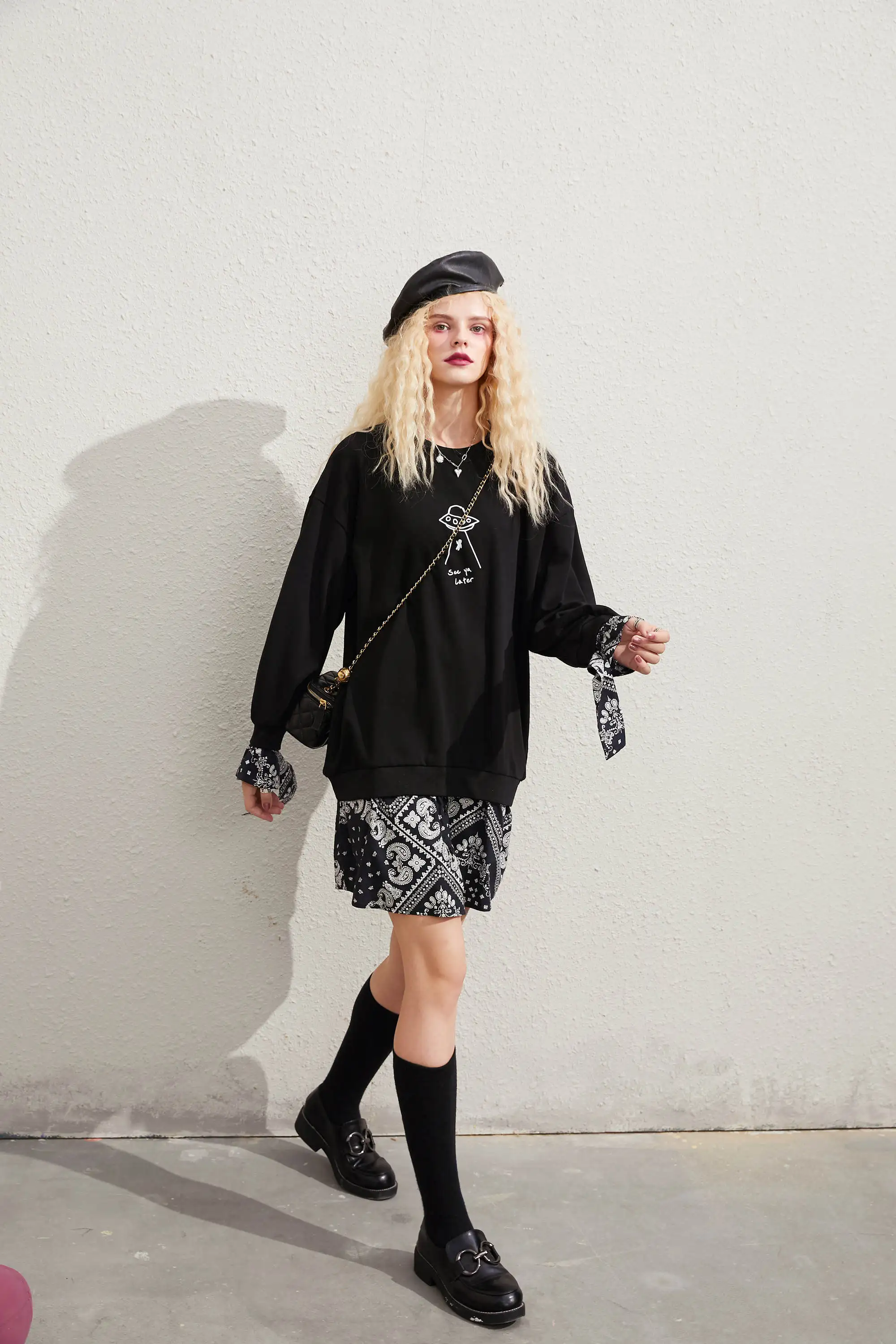 ELFSACK Black Graphic Print Casual Mini Dress Women,2020 Autumn ELF Vintage Full Sleeve Patchwork ,Korean Ladies Daily Dresses