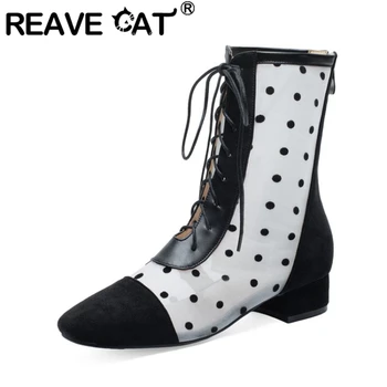 

REAVE CAT Spring Autumn Ankle Boots Round Toe Low Square Heels Lace up Cross-tied Back Zipper Large size 30-43 Elegant A2890