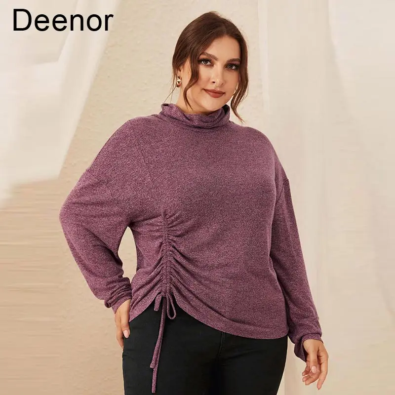 Deenor Plus Size Women Clothing Bottoming Shirt Solid Color Round Neck 2021 Autumn Winter Long Sleeve Drawstring Lady Top long sleeved t shirt v neck women bottoming shirt solid color long sleeved top 2021 autumn slim sexy top