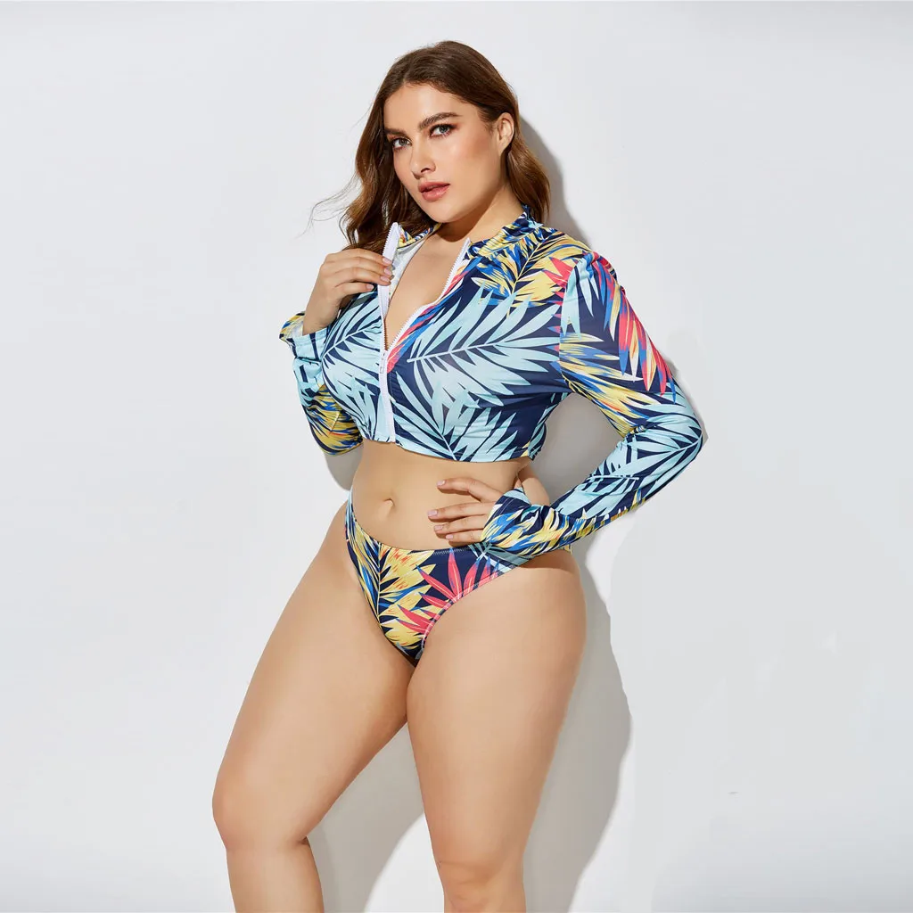 women Three-Piece Set Suit long sleeve Print Split swimwear High Waist swimsuit Rash Guard Wetsuit surfing suit beachwear zipper | Спорт и
