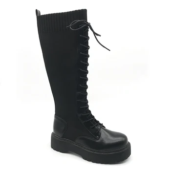 

[GOGD] Women Boots shoes Fashion Warm Boots Lace-Up Casual Long Autumn Winter Fashion women's long Boot new 2020