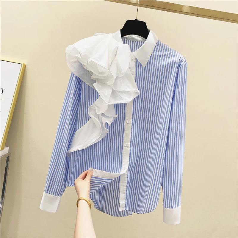 Blue Vertical Striped Ruffle Irregular Stitching Shirt Women's Tops and Blouses 2020 Spring Autumn Long Sleeve Retro Blouse Top - 4.00068E+12