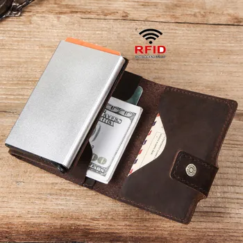 

New Retro Crazy Horse Cowhide Card Holder Small Wallet RFID Multifunctional Automatic Card Box Coin Purses