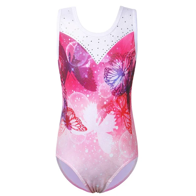 BAOHULU Gradient Color Ballet Leotard for Girls Sleeveless V-neck Dance Wear Sparkle Gymnastics Leotard Dress for Girl Ballerina B261 WhiteButterfly