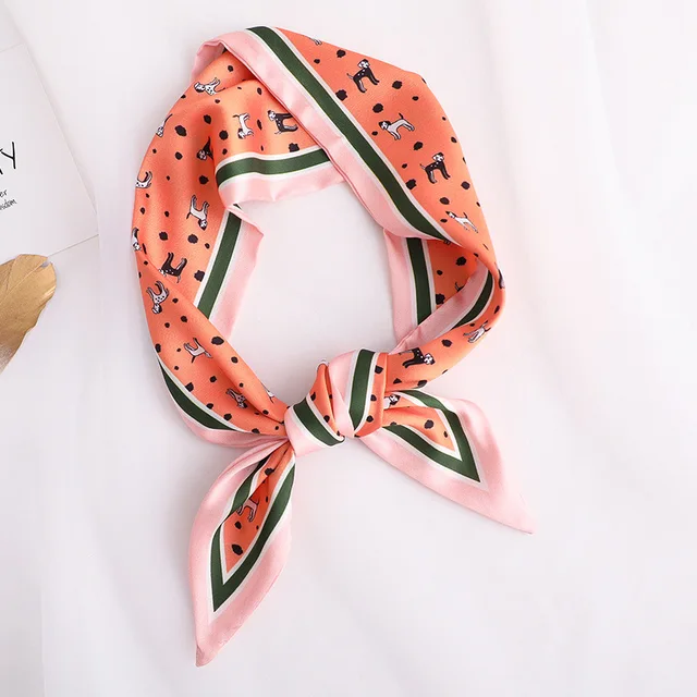 Sweet Love Print Women Small Silk Scarf Handle Bag Ribbons Female Head Scarves Sharp angle Green 90*10cm 3