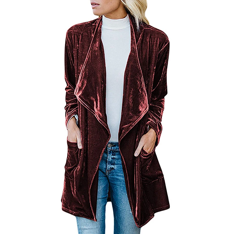 

Women Velvet Windcoat Causal Lapel Autumn Women Cardigan Ladies Trench Outwear Vintage Elengant Coats