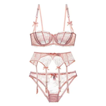 

Sexy Garter Set Bra Panties Garter Underwire Bra Plus Size Bralettes 1/2 Cup Tow Hook-and-eye Sexy Intimates Woman Lingerie 2020