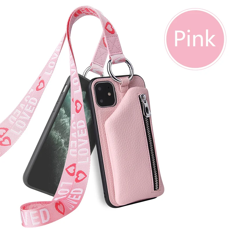 pink Модный кожаный чехол-бумажник для iphone 11 Pro, дизайнерский держатель для карт на молнии, чехол для iphone 6, 7, 8 Plus, X, XR, XS, Max, бесплатный ремешок - Цвет: pink