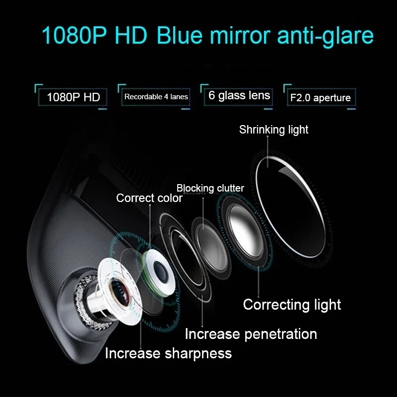 Автомобильный видеорегистратор, камера " Full HD 1080 P, сенсорный экран, ночное видение, зеркало заднего вида, видео видеорегистратор, двойной объектив, обратное изображение, видеорегистратор