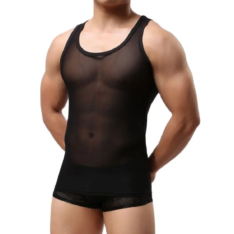 Mens Sleeveless Full Transparent Mesh Tank Tops Sl