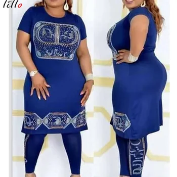 

African Clothes Elegant Bodycon set Female Office Lady Printed Alphabet Classic Set Patchwork Half Sleeve High Waist Bandage R