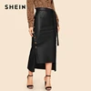 SHEIN Brown Elegant Split Hem Front Double Button Belted Leather Look Long Skirt Office Lady Solid Workwear Maxi Skirts Skirts Children's Girl Clothing