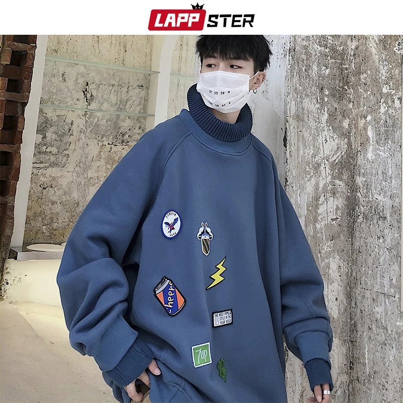 LAPPSTER Men Oversized Turtleneck Hoodies 2020 Mens Japanese Streetwear Sweatshirts Autumn Korean Harajuku Hip Hop Funny Clothes