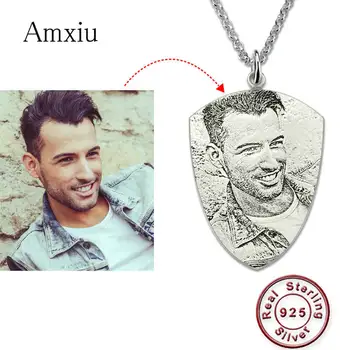 

Amxiu 925 Silver Engraved Photo Necklace Custom Name Necklace Shield Pendant Necklace For Women MenChokers Personalized Jewelry