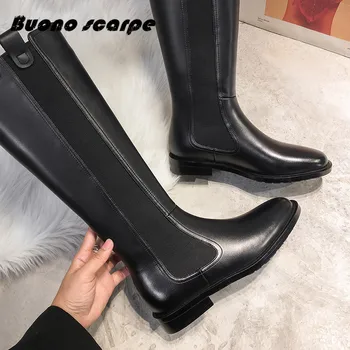 

BuonoScarpe 2019 Winter New Cow Leather Knight Boots Casual Women Shoes Round Toe Fashion Square Low Heel Knee High Boots 34-39