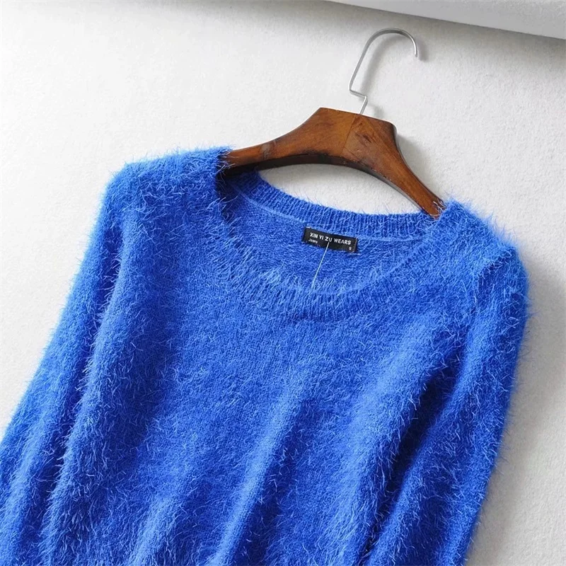 Women tight-fitting elastic high waist short furry navel long-sleeve pullover All-over Fuzzy Cropped sweater