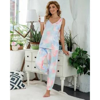 

Tie-dye Long One-Piece Home Service Women's 2020 Summer New Sleeveless Loose Casual Pajamas Suit O Neck Comfortable Pajamas