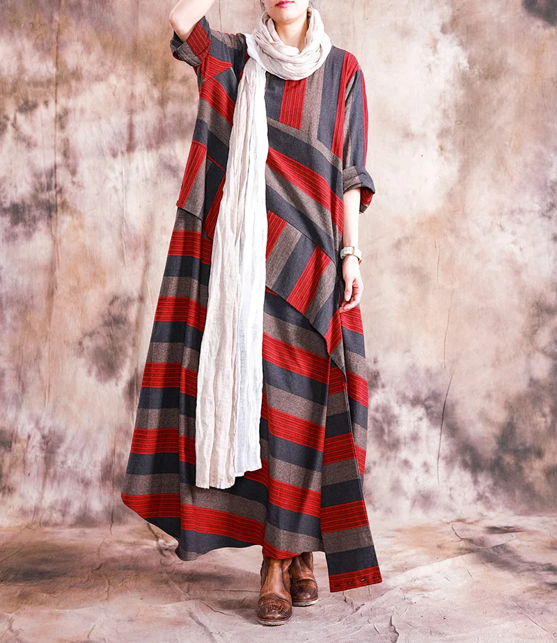 

Women Autumn Striped Patchwork Dress Ladies Loose Cotton Linen Irregular Length Dresses Female 2019 Spring Fall Stripe Dress