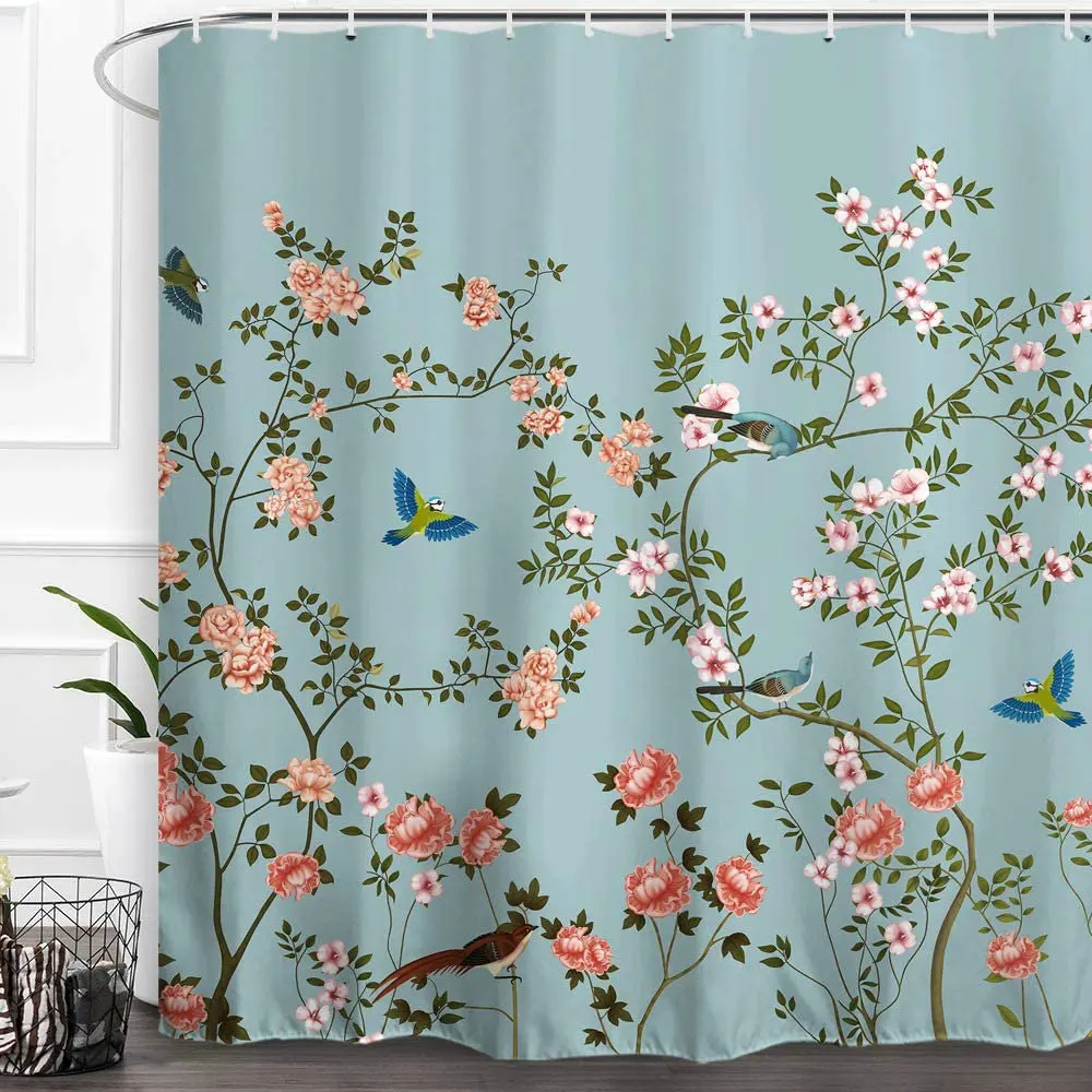 

Занавеска для душа в китайском стиле, Водонепроницаемый моющийся шторка в стиле ретро, с цветами, розовыми, летающими птицами, растениями, листьями, украшение для ванной комнаты с крючком