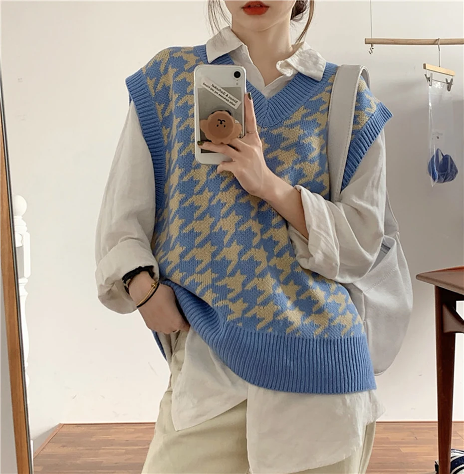 

Houndstooth Sweater Vest Winter Fashion Loose Diamond V-neck Sweater Waistcoat Plaid Vest Autumn Sleeveless Pullover Knitwear