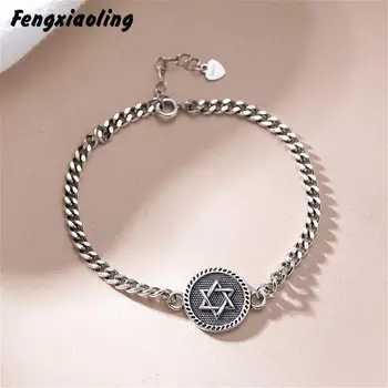 

Fengxiaoling S925 Sterling Silver Retro Style Round Hexagram Charm Bracelets For Women Fine Jewelry Handmade Bijoux Femme