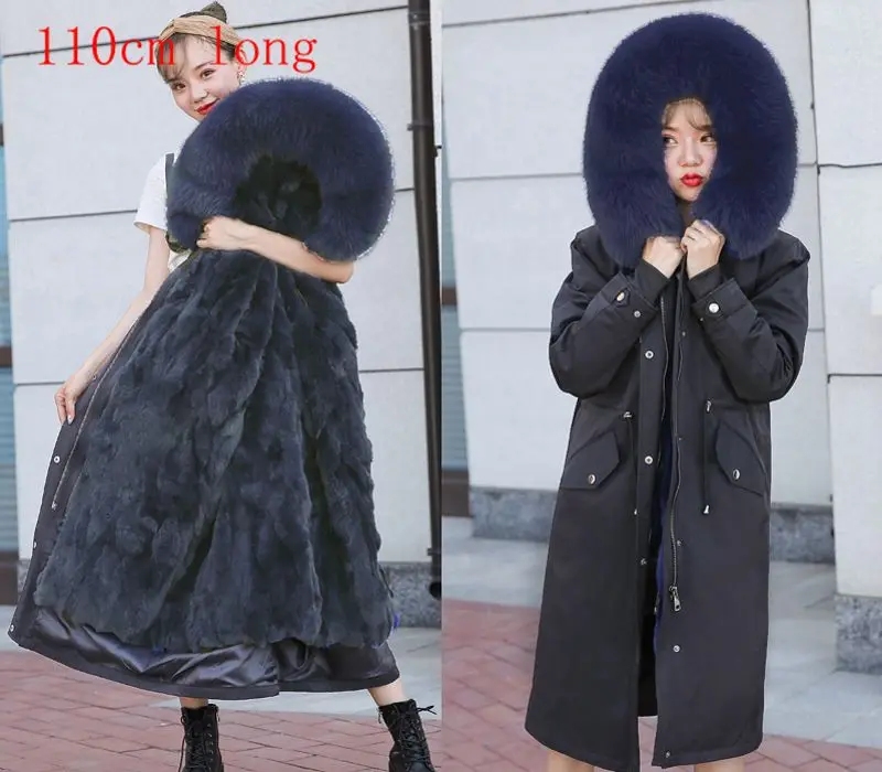 gray fur black coat Женская меховая куртка с натуральным меховым лисьим меховым воротником, парка с капюшоном, натуральная подкладка из кроличьего меха, зимняя теплая Женская куртка, одежда - Цвет: gray fur black coat