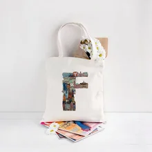 Italy Letter F-J Design Canvas Tote Bag Daily Use Handbag Eco Reusable Recycle Shopper Bag For Women